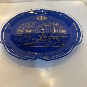 GLASS BLUE STAINED London Piccadilly Circus Decorative Plate 10" Vintage